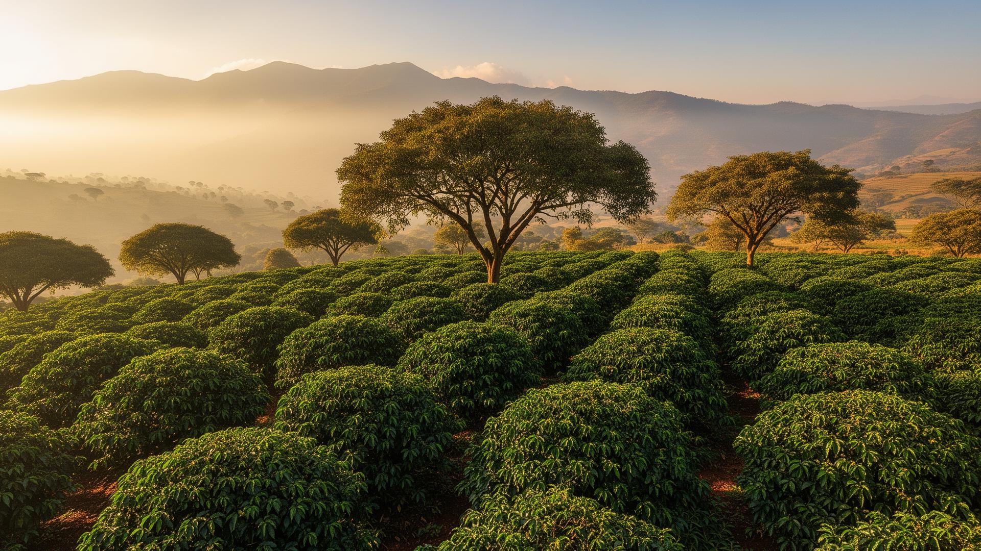 Premium Ethiopian coffee plantation in the highlands showing heirloom Arabica varieties